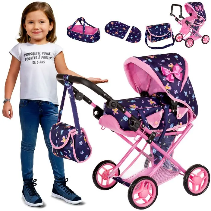 Kinderplay Poussette Jouet, Poussette Landau pour Poupée, Gondola, Combi Poignée Ajustable 32-63cm 2en1 KP0200T-0