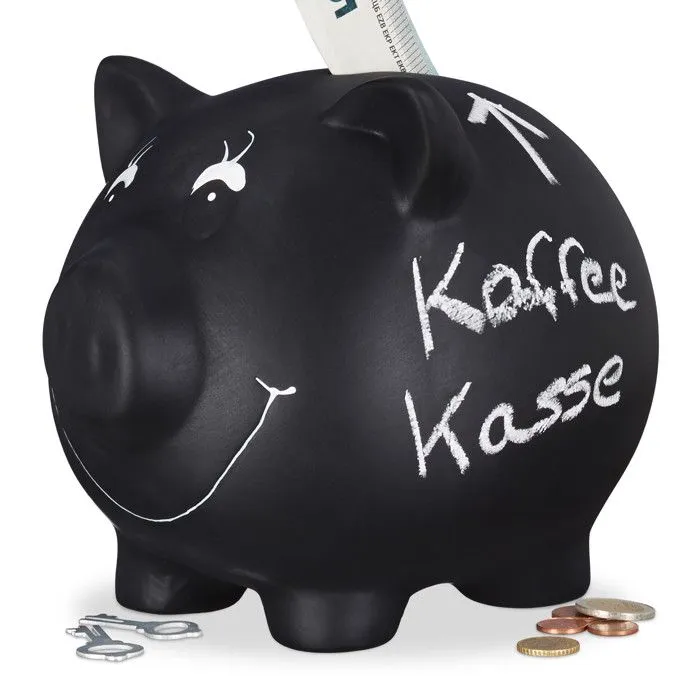 Relaxdays Tirelire cochon, ardoise, personnalisable, céramique, mariage, anniversaire, baptême, HxLxP 14x17x13 cm, noir-2