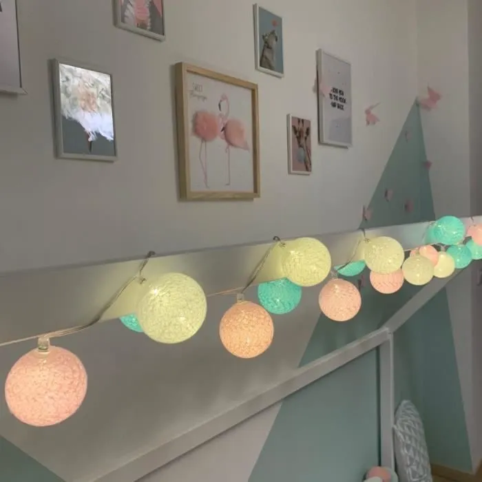 Guirlande lumineuse boules coton LED USB - Télécommandée -Veilleuse bébé 2h - 4 intensités - 24 boules 2,4m - Bébé-2