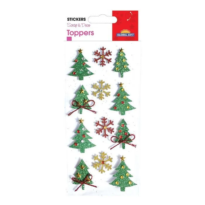 Stickers Noël en relief - Sapins et flocons à paillettes-0