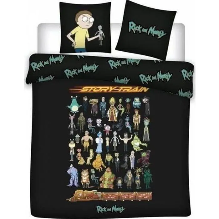 Rick et Morty - Parure de couette 240 x 200 + taie d'oreiller + Drap Housse 140 x 190 Noir - HOMEROKK-0