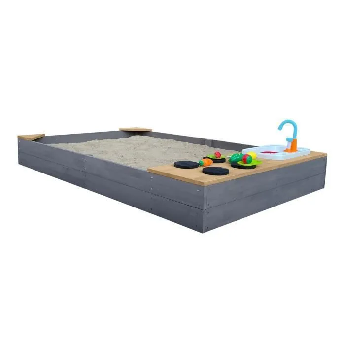 Bac à sable en bois avec banc et cuisine de jeu - AXI Kelly - Gris et marron-3
