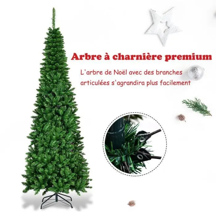 Sapin de Noël LED Artificiel 200cm COSTWAY-250 Lumières Blanc Chaud-708 Branches Aiguilles en PVC-Support Métallique Pliable-2