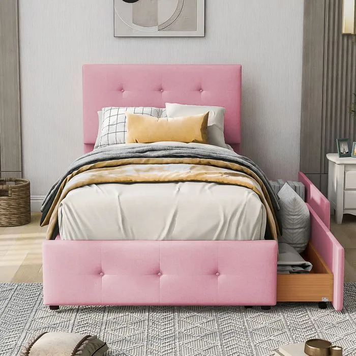 Lit capitonné - MODERNLUXE - 90x200cm - Velours rose - 2 tiroirs - Sommier à lattes-0