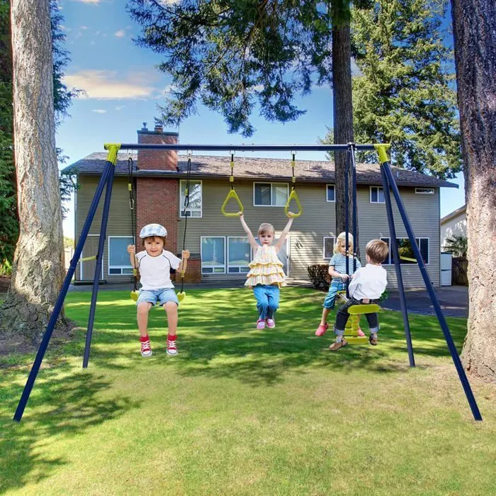 COSTWAY Portique avec Balançoire, 1 Face à Face et 2 Anneaux de Gymnastique en Métal Cadre en Forme de A Charge 200kg 3-10 Ans-1