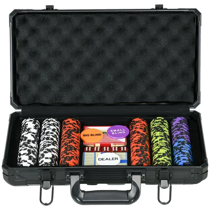 Mallette de Poker Complet SPORTNOW 300 jetons à 14g, 5 dés, 2 Jeux de Cartes 3 boutons Texas Holdem, Cartes de Poker, Bouton Dealer-0