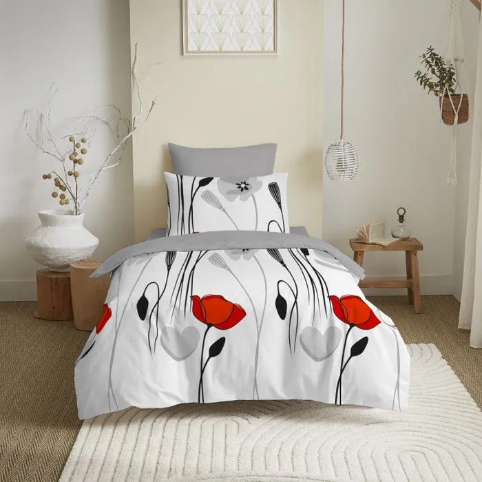 Pack complet housse de couette - Coquelicot - 140 x 200 cm - 100% coton - Réversible - Lavable en machine-1