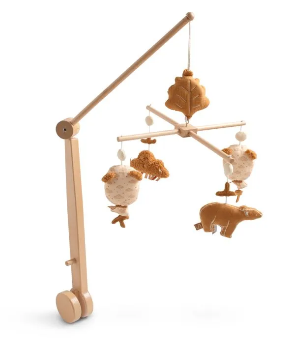 Mobile musical en bois avec jouets ours en gaze de coton-0