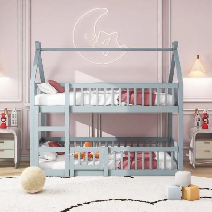 Lit superposé - Enfant - 90x200 cm - Bois massif - Design loft - Gris-1