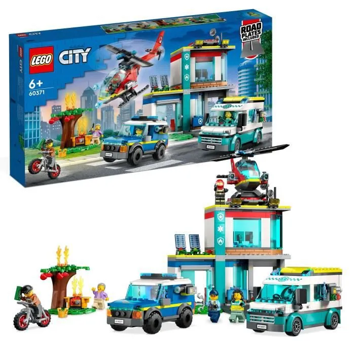 LEGO® City 60371 Le QG des Véhicules d’Urgence, Hélicoptère Jouet, Moto et Voiture de Police-0