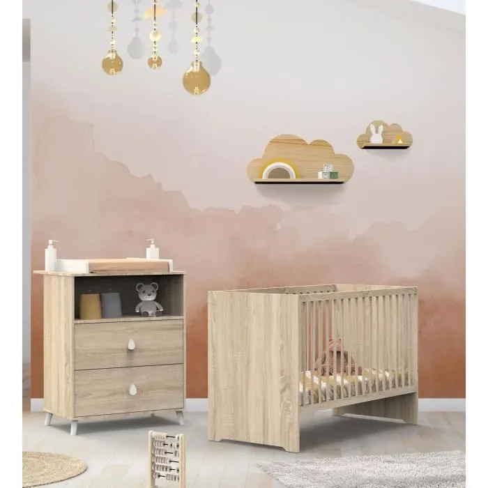 Chambre bébé duo MONTANA - Lit 120x60 + Commode à langer 2 tiroirs décor chêne doré - SAUTHON-0