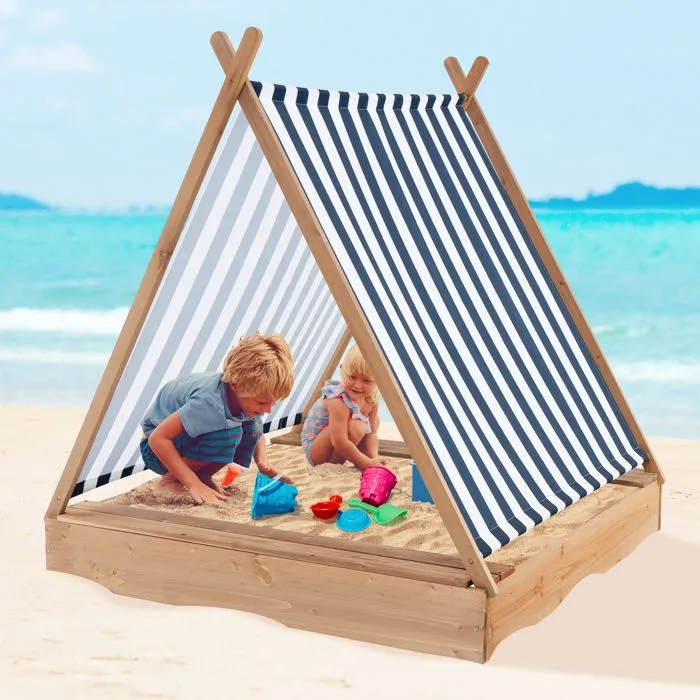 COSTWAY Bac à Sable Enfant Exterieur en Sapin avec Toit pour Protection UV,2 Bancs Intégrés 124 x 123 x 134CM pour Plage, Jardin-0