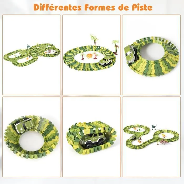 DREAMADE Circuit Voiture Dinosaure Flexible, Piste de Voiture Verte avec 240 Pièces, Jouet Éducatif, Idéal pour Enfant de 3 Ans+-1