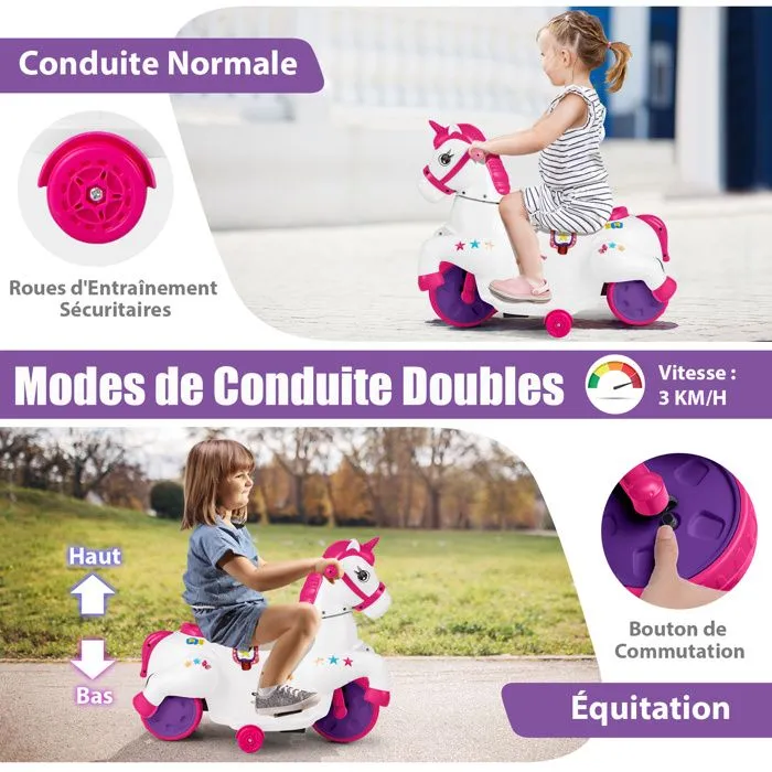 COSTWAY 12V Moto Électrique Enfant Licorne avec Musique, Roues d'Entraînement & Mode Équitation, 3 km/h, 30kg, 3 Ans+, Rose-1