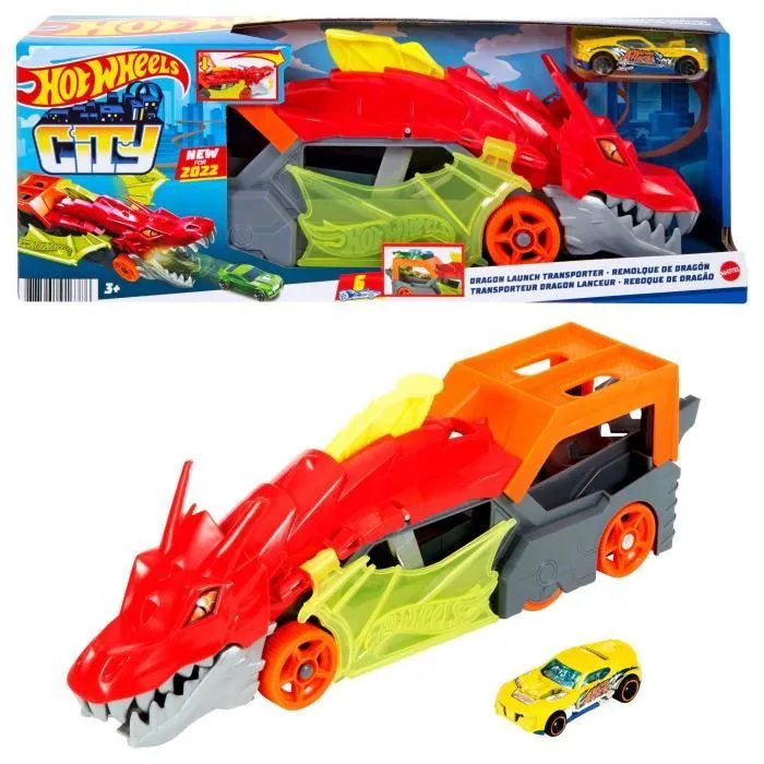 Hot Wheels City - Transporteur Dragon Lanceur 2-en-1 - Camion / Petite voiture - Dès 3 ans GTK42-4