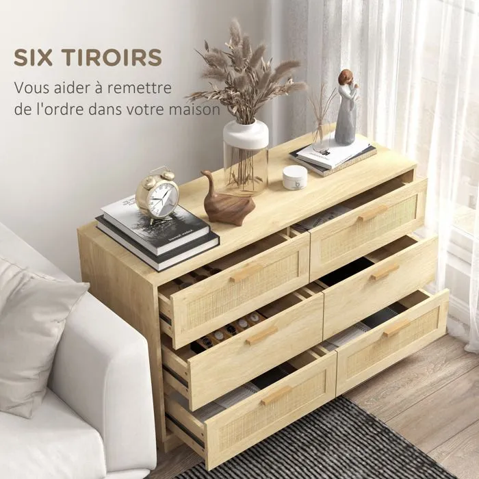 Commode design bohème en rotin - HOMCOM - 6 tiroirs - meuble de rangement - chêne-5