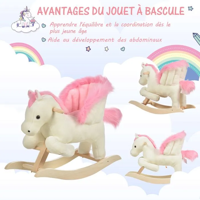 Cheval à bascule musical en bois peuplier blanc et rose pour enfant de 18 mois et plus-4