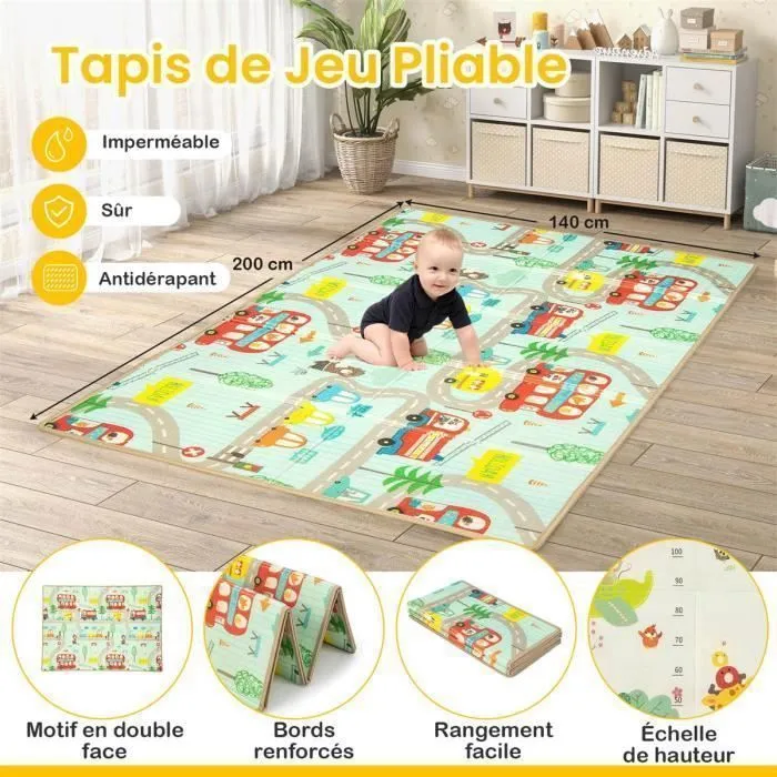COSTWAY Parc Bébé avec Tapis Pliable en XPE sans BPA Tissu Oxford 206×147×68,5cm 2 Compartiments 50 Balles Océaniques Sac Gris Foncé-1