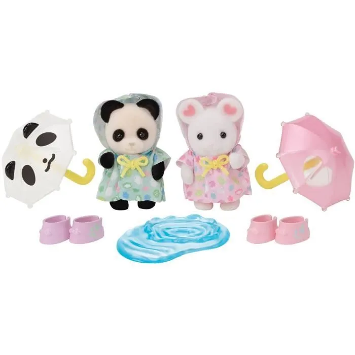 Figurines Articulées - SYLVANIAN FAMILIES - Duo Bébés en Habits de Pluie - Panda et Souris Marshmallow-2