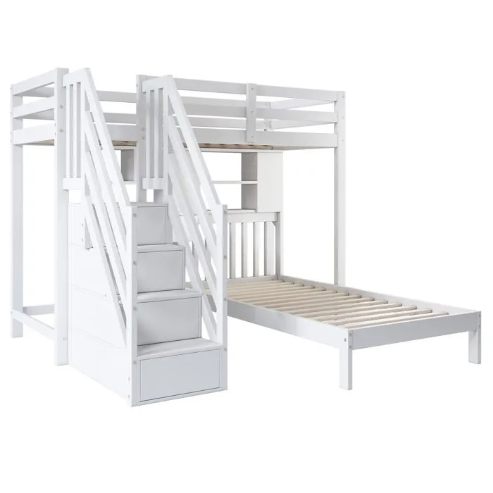 Lit superposé 90x200cm avec escalier de rangement, bureau et étagères, sommier à lattes, cadre en pin, blanc-3