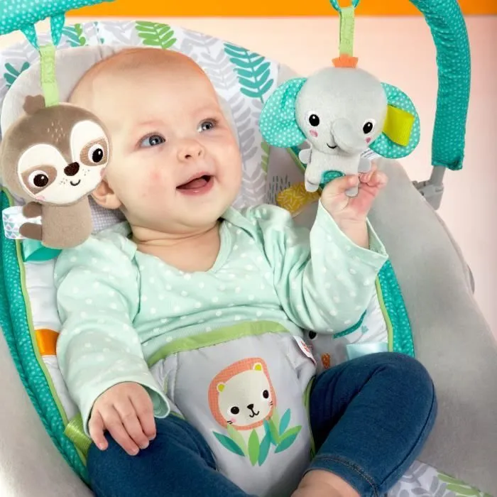 BRIGHT STARTS Transat bébé Jungle Vines, vibrations apaisantes, barre de jouets amovible, jusqu'à 9 mois-1