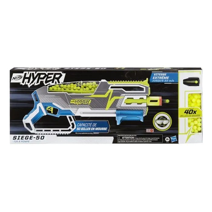 Nerf Hyper, Blaster a Pompe Siege-50, 40 Billes Hyper, Lunettes, 33 m/s, Recharge Facile, capacite de 50 Billes, L-1