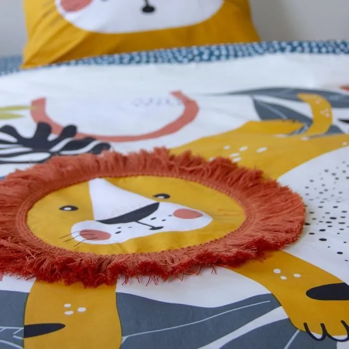 CÔTE DECO Parure de lit Enfant Réversible Lion Vert et Jaune Housse de Couette 140x200cm + 1 taie d'oreiller 63x53cm 100% Coton-2