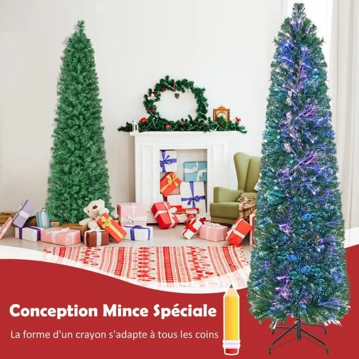 COSTWAY Sapin de Noël Artificiel 180 cm avec Fibre Optique Colorées 517 Branches PVC Forme de Crayon Décoration de Noël pour Maison-3
