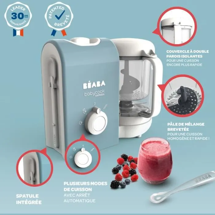 BEABA, Babycook express, robot bébé, 4 en 1 mixeur-cuiseur, bleu baltique-8