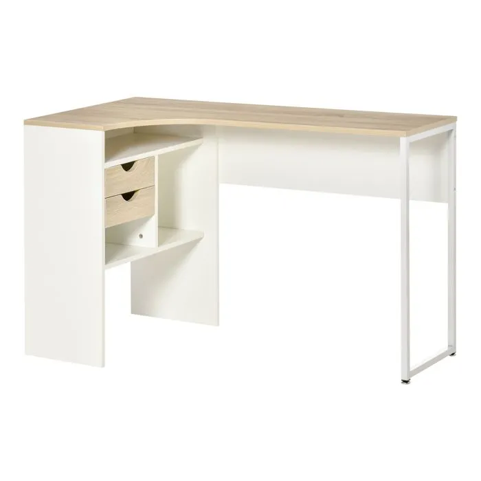 Bureau d'angle HOMCOM - Bureau informatique multi-rangement - Aspect chêne clair et blanc-0