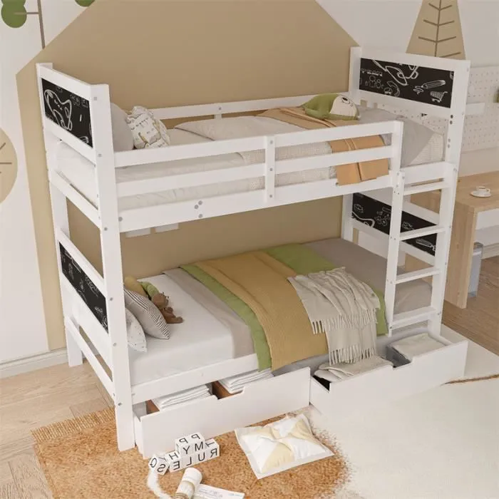 Lit superposé - Enfant - 90x200cm - Blanc - Échelle à angle droit - 2 tiroirs de rangement-1