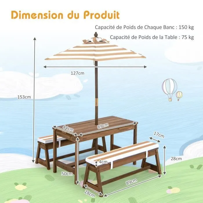 Table et 2 Bancs de Jardin avec Parasol et Coussins en Sapin pour 4 Enfants - COSTWAY-3