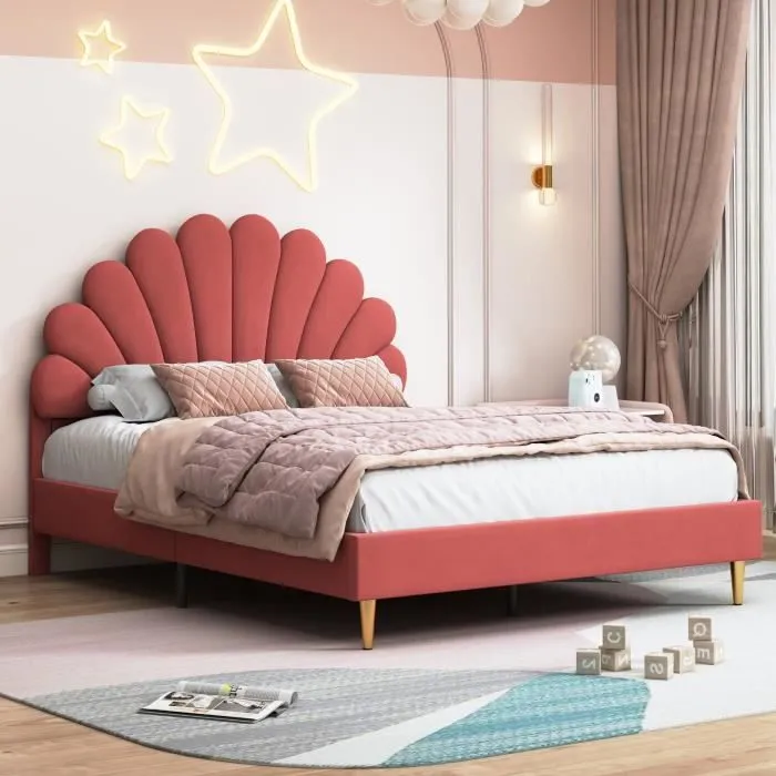 Lit 140x200cm - MARQUE - Tête de lit fleur - Velours rouge vin - Style scandinave - 2 places-1