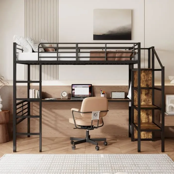 Lit mezzanine - DREAMMESPACE - 90x200cm - Métal noir - Bureau intégré - Armoire ouverte-1
