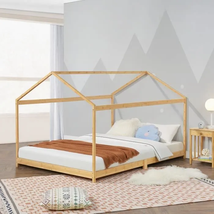 Lit cabane Vindafjord pour enfant 180 x 200 cm forme maison bambou naturel [en.casa]-0