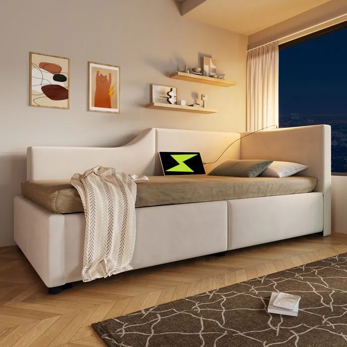 Lit coffre - Velours - 90x190cm - Beige - Avec liseuse - Ports USB-C - Sommier à lattes-3