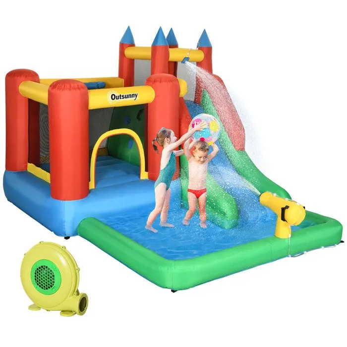 Château gonflable enfant - toboggan, trampoline, piscine, mur escalade - gonfleur, sac transport inclus - dim 3,3L x 2,45l x 2,15H m-0