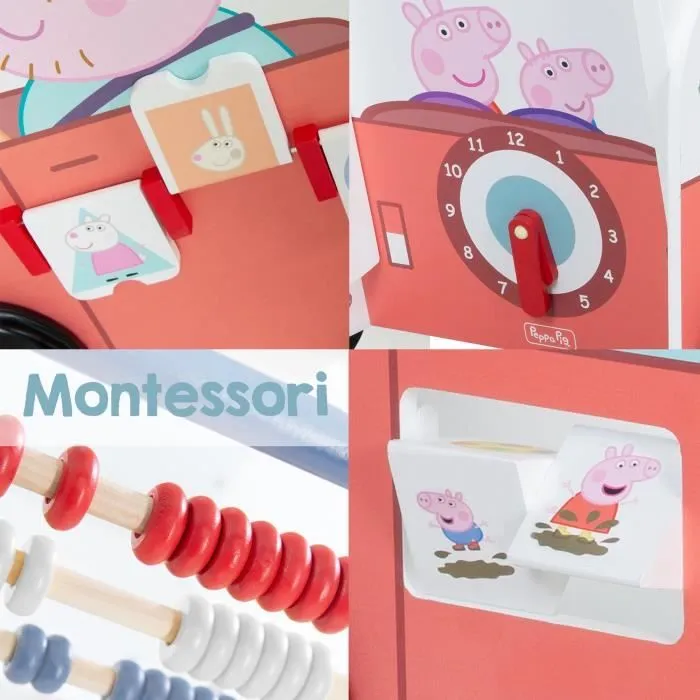 Trotteur Bébé Peppa Pig - Bus et Chariot Enfant - Horloge Boulier et Éléments à Tourner - Bois Rose - Blanc-3