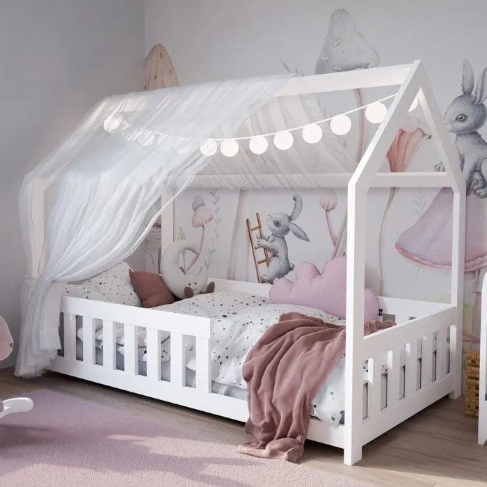 DUBI - Lit cabane pour enfant 80 x 160 cm blanc avec sommier et barrières-0