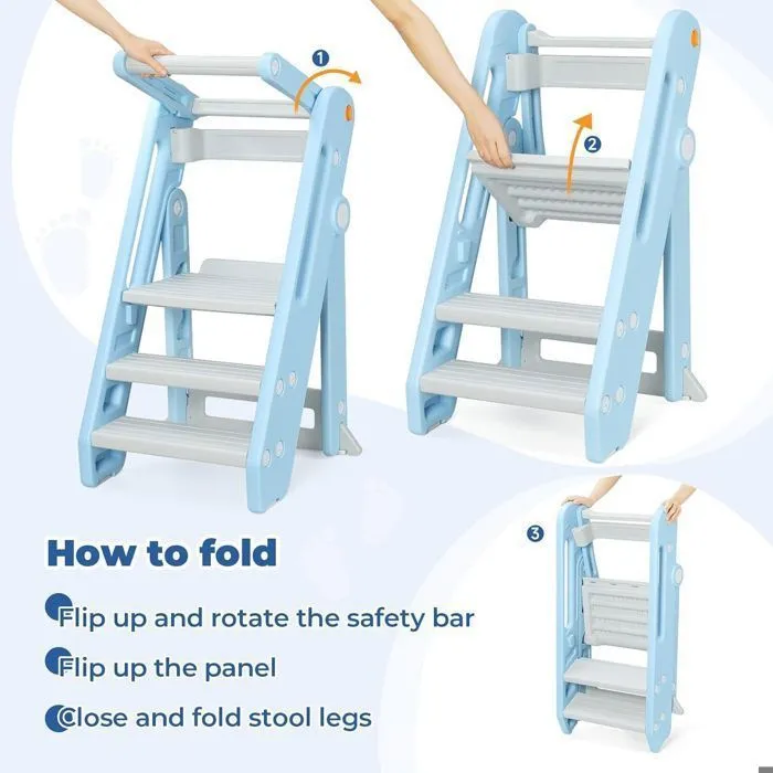 Tour d'observation Montessori Enfant, Marchepied pour Enfants réglable en Hauteur de 2 à 3 marches, Pliable, Sécurité, Bleu-4