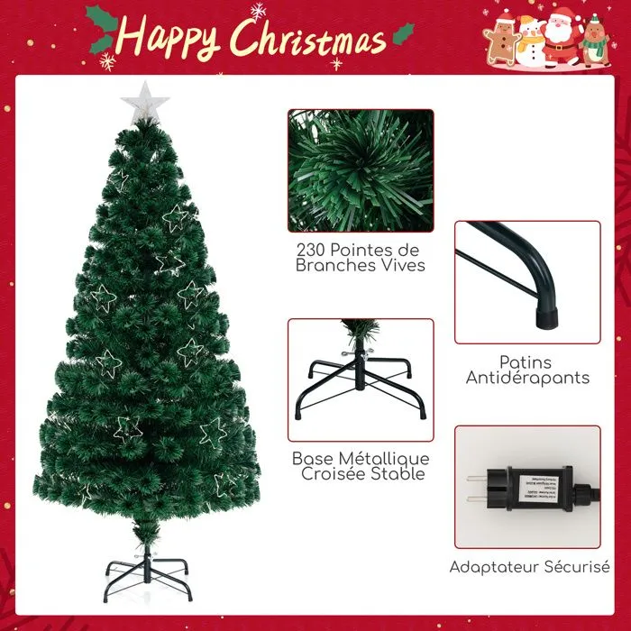 Sapin de Noël Artificiel 180CM COSTWAY-Fibre Optique-36 Lumières Guirlande Lumineuse Blanches Chaudes-Etoile Brillante-230 Pointes-3