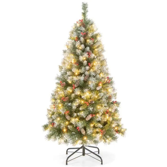 COSTWAY Sapin de Noël Pré-Éclairé Artificiel de 195cm avec 420 Lumières LED, 8 Modes d'Éclairage, Baies Rouges & Pommes de Pin-0