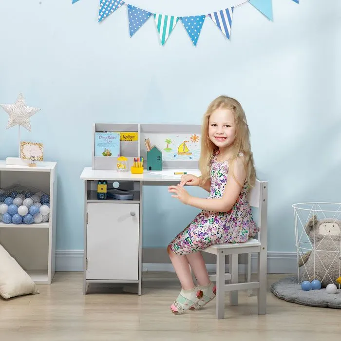 Ensemble table et chaise pour enfant - HOMCOM - avec tableau blanc - bureau pour enfant +5 ans 90L x 45l x 85H cm Gris-1