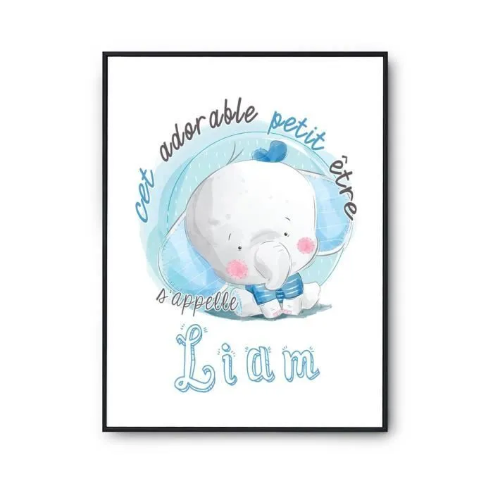 Affiche bébé prénom Liam Éléphant | Poster pour chambre bébé et enfant pour décoration murale qualité papier Premium A3-0