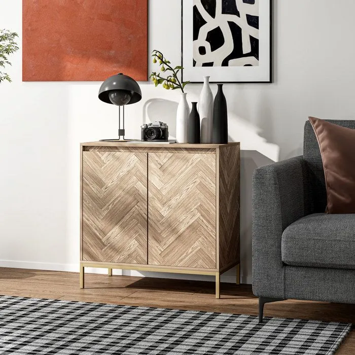 Meuble de rangement - HOMCOM - 2 portes à chevrons, étagère réglable et pieds en acier - dim. 78 x 40 x 78 cm - chêne-1