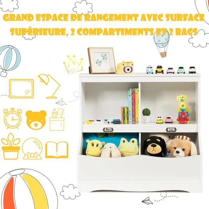 COSTWAY Meuble de Rangement à Jouet pour Enfant, Inclus 4 Compartiments de Rangement, Avec Coin Arrondis et Surface Lisse Blanc-1
