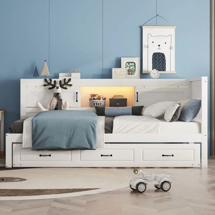 Lit gigogne - Bois Blanc - 90x200cm + 90x190cm - Avec rangement - LED et USB intégrés-1