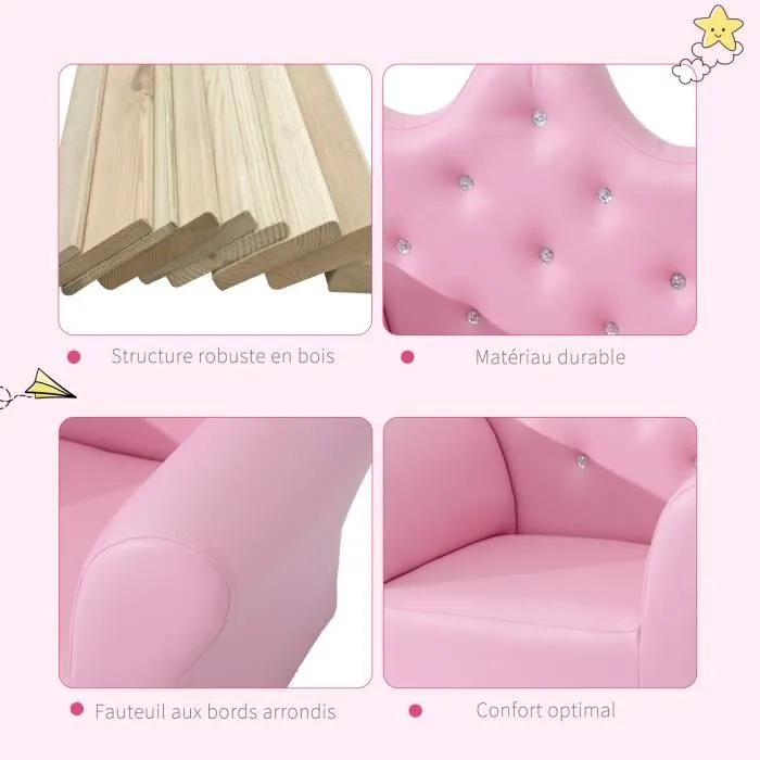 Ensemble fauteuil et pouf enfant design couronne de princesse - HOMCOM - Rose - 3 ans et plus-3