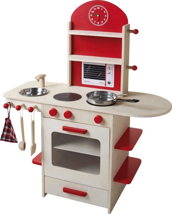 Cuisine Enfant en Bois ROBA - Naturel/Rouge - Jeu de rôle avec Four, Plaques de Cuisson, Évier et Robinet-4