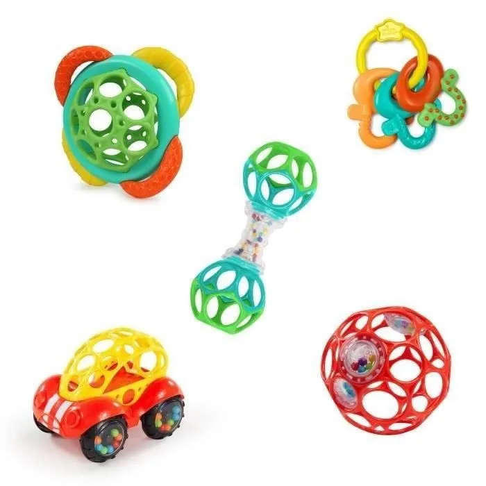 BRIGHT STARTS Coffret cadeau naissance, bapteme, Noel, 0 à 24 mois, 5 jouets O BAll, hochet, voiture, anneau de dentition-1